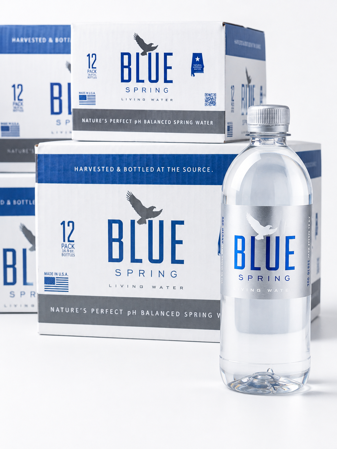 A bottle of Blue Spring living water with its matching 12-pack cardboard box in the background, photographed on a clean white studio background.
