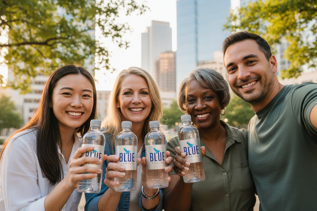 Diverse group holding Blue Spring Living Water bottles, corrected hands